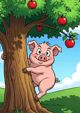 Pig Climbing Apple Tree