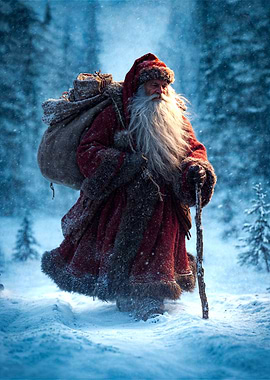 Santa Claus in Snowy Winter Forest