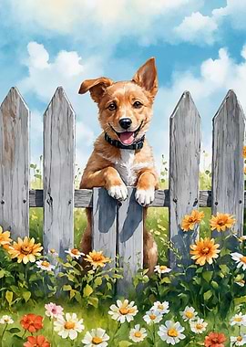 Watercolor Puppy Peeking Over Fence