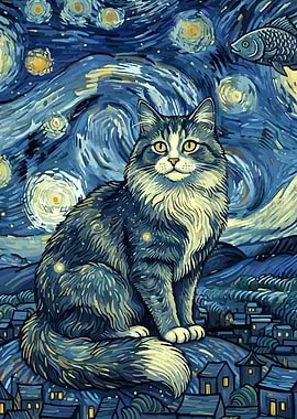 Cat in Starry Night Style Painting