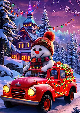Snowman Riding a Christmas Decorated Car