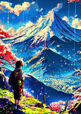 Mountain View with Hiker and Cherry Blossoms