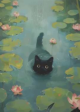 Black cat swimming in a pond