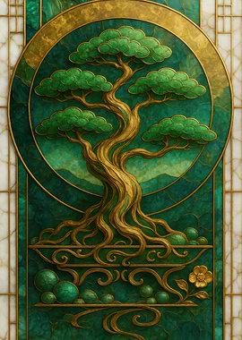 Green and Gold Bonsai Tree Art