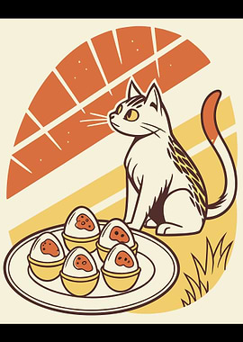 Cat with Deviled Eggs Illustration