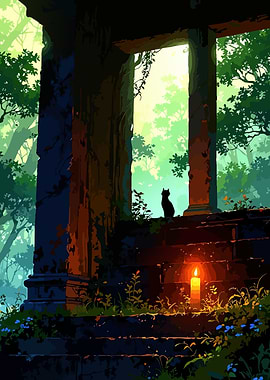 Cat Silhouette by Candlelight in Ruins