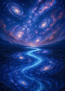 Cosmic River Landscape with Galaxies