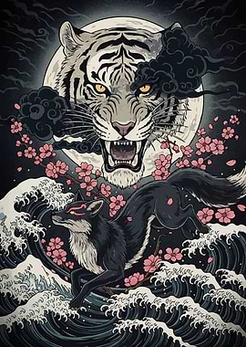 Tiger Fox Waves Cherry Blossoms