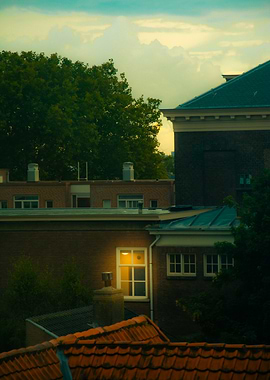 Rooftop view with illuminated window