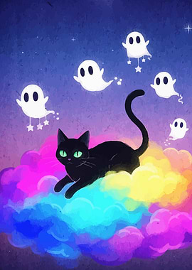 Black Cat and Ghosts on Rainbow Cloud