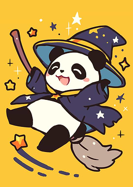 Panda Wizard Flying on Broomstick
