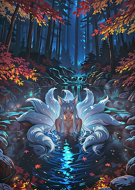 Kitsune girl in forest pond