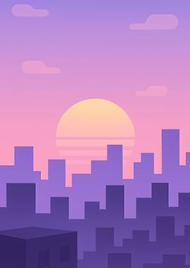 Purple Cityscape Sunset Illustration
