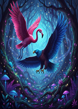 Flamingo and Eagle in Enchanted Forest