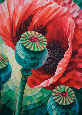 Bright Poppy Flower Painting in Mosaic