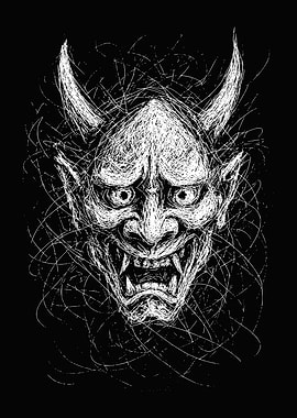 White Oni Mask on Black Background Scribble Art