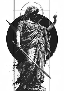 Monochrome hooded figure with sword art