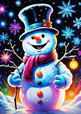 Festive Snowman with Colorful Snowflakes