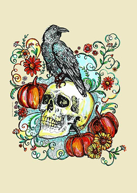 Crow on Skull with Pumpkins
