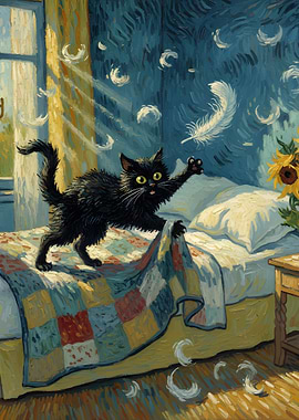 Black Cat Playing with Feathers Painting