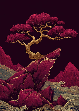 Fuchsia Pink Bonsai Tree on Rocks with Waves