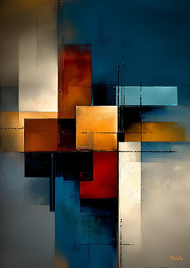 Abstract Rectangular Structure – Teal, Ochre & Red Geometry