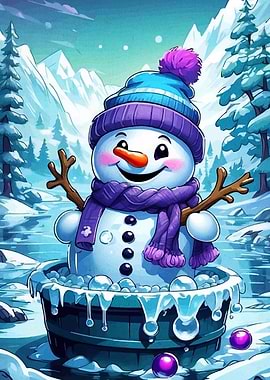 Cartoon Snowman in Winter Landscape