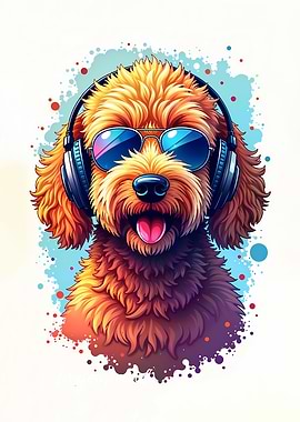 Cool Goldendoodle dog with Headphones and Sunglasses