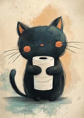 Cute Cat Holding Toilet Paper Roll