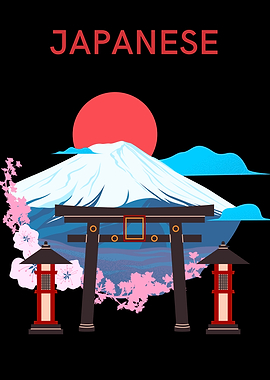 Japanese landscape with Mount Fuji and Torii