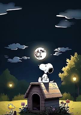 Snoopy and Woodstock under the Moon