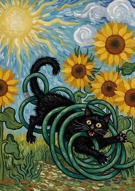 Black Cat and Garden Hose Painting