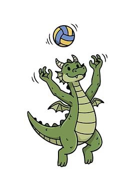 Cartoon Dragon Playing Volleyball Illustration