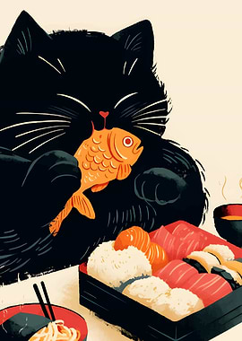 Black Cat with Sushi and Fish