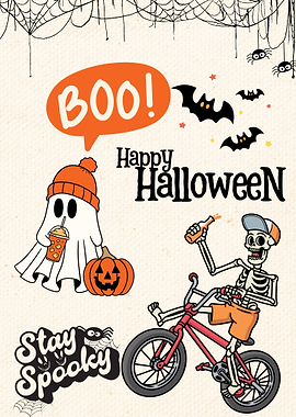 Halloween Stay Spooky Cartoon with Ghost and Skeleton