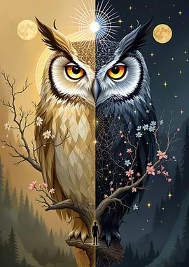Mystical Owl of Day and Night Duality Fantasy Illustration of Sun and Moon Balance
