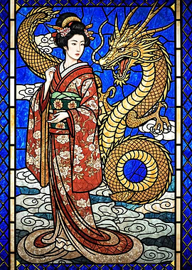 Stained Glass Geisha and Golden Dragon