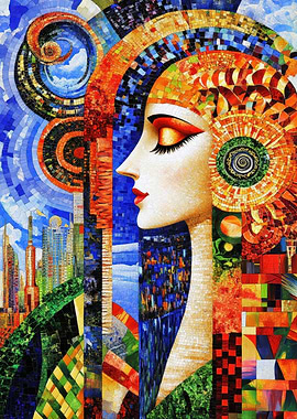 Mosaic Woman Profile with Cityscape