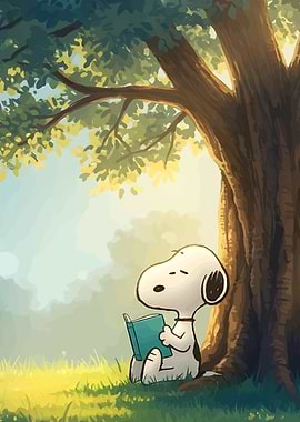 Snoopy reading under a tree