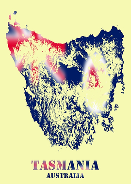 Tasmania Australia Topographic Contour Relief Map blending terrain features into its emblematic colorful flag