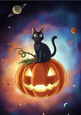 Black Cat on Pumpkin in Space