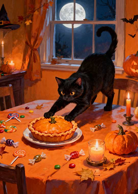 Halloween Cat with Pumpkin Pie