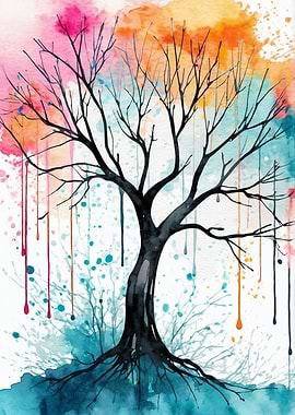Watercolor Tree with Colorful Splatters