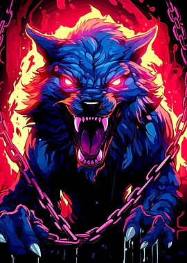 Fierce Blue Wolf with Chains