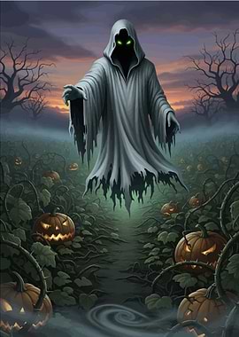 Halloween Ghost in Pumpkin Patch