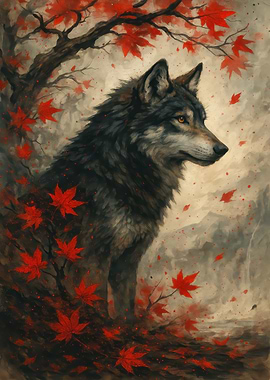 Wolf in Autumn Leaves Painting