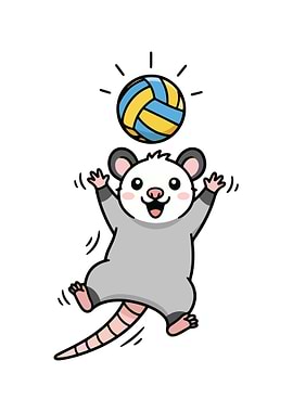 Cartoon Opossum Playing Volleyball