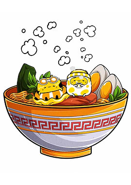 Cartoon Ramen Bowl with Egg Characters