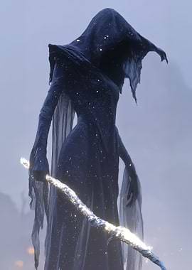 Ethereal hooded figure with glowing staff