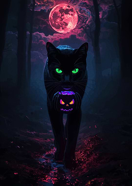 Halloween Cat with Pumpkin in Forest